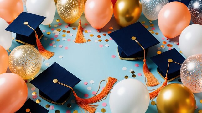 Graduation caps, balloons, and confetti create a festive party setup. Celebrate academic success with colorful decorations, signifying achievements and future endeavors. Party decor for a happy event.