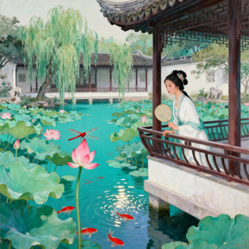 Chinese Oil Painting Ancient Beauty In Hanfu Watching Lotus And Goldfish In Suzhou Classical Garden