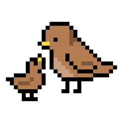 Fototapeta premium Cute mother bird feeding baby chick pixel art 8 bit illustration