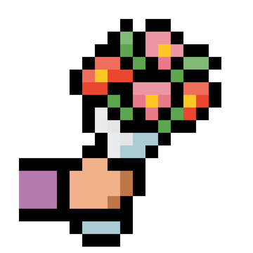Retro 8-bit pixel art hand holding flower bouquet for Valentine's Day, Mother's Day, and wedding design element