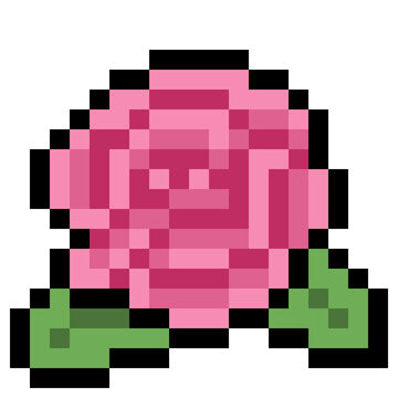 Retro 8-bit pixel art pink rose bloom icon for Valentine's Day, Mother's Day, and wedding design element