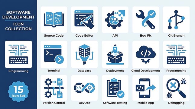 Software development icon set. Web programming and coding symbols for digital projects.