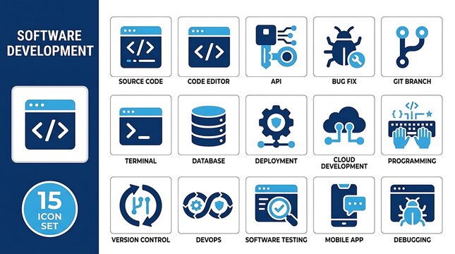Software development icon set. Programming and coding symbols for web and app design.