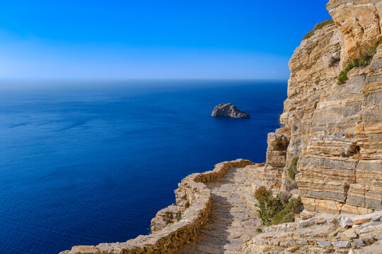 Panoramic view from Panagia Hozoviotissa Monastery of Aegean Sea and cliffs