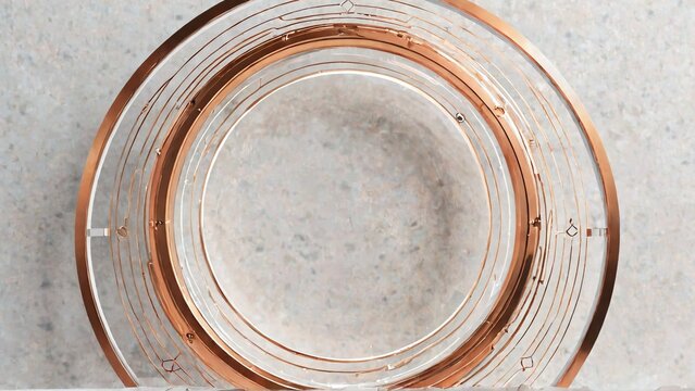 Top view of minimalist ceramic white plate with copper ring accents
