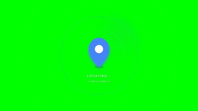 Blue Location Pin Icon with Locating Text and GPS Coordinates on Green Screen Background Animation