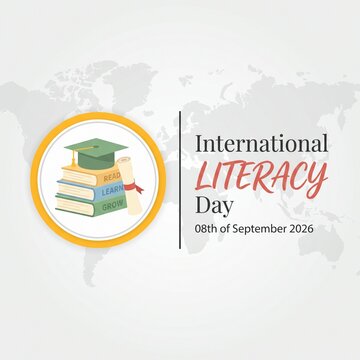 International literacy day announcement graphic featuring a stack of books with read learn grow text and graduation cap on world map