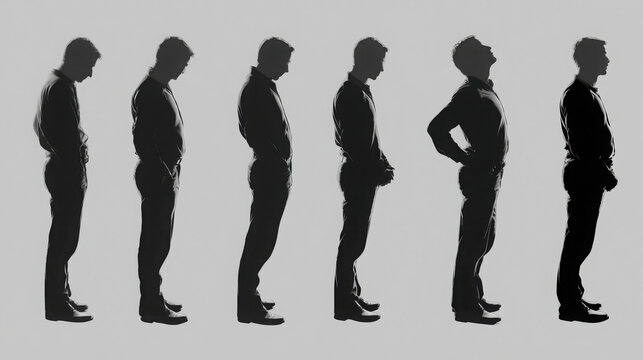 Male silhouettes demonstrate different posture stages from slouching to upright.