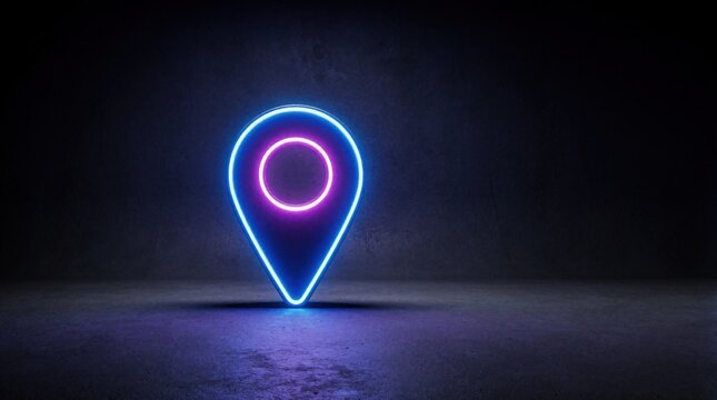Glowing blue, purple neon map pin symbol stands on dark floor. Abstract digital pointer icon indicates navigation destination point. Bright light circle shape provides geometric futuristic design