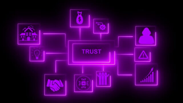 Trust neon diagram displays interconnected icons representing business integrity and corporate reliability concepts through a glowing purple digital interface structure set against a dark black.
