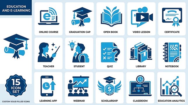 Education and e-learning icon set. Professional vector symbols for online study courses.