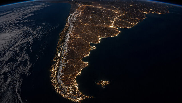 Argentina at Night &ndash; Orbital view of Argentina glowing with coastal and inland city lights beneath a curved blue horizon.