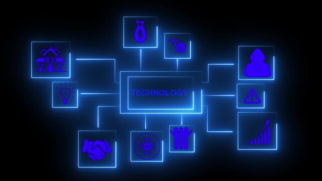 Technology network diagram shines in brilliant blue light to demonstrate the intricate pathways and modular icons that define modern computing architectures and streamlined organizational data.