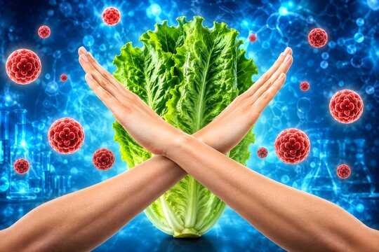 Disease Prevention Concept with Crossed Arms Protecting Romaine Lettuce from Cyclospora Parasites