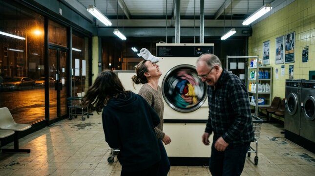 Candid fit of laughter in a laundrette after a small mishap, unplanned joy across generations, authentic everyday humour photography