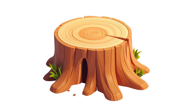 Wood stump with exposed growth rings, grass sprouts.Cartoon style