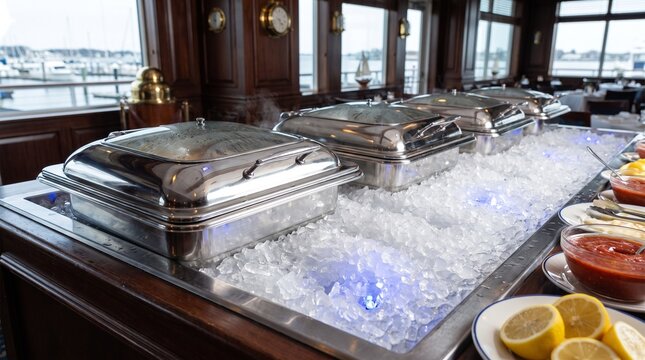 Stainless steel chafing dishes and food trays on a buffet table in a restaurant setting for catering