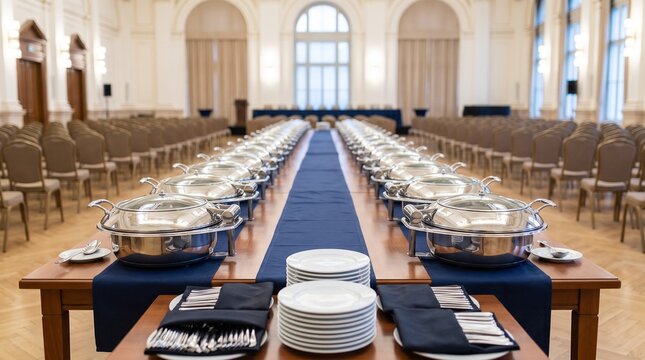Long dinner table set for a buffet banquet with rows of silver food warmers and plates in a large hall