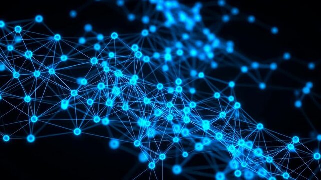 Glowing blue network of interconnected nodes and luminous filaments forming layered depth, digital connectivity, abstract data flow, futuristic technology background