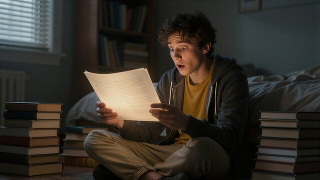 Young man sits surrounded by books, reading with wide-eyed surprise.