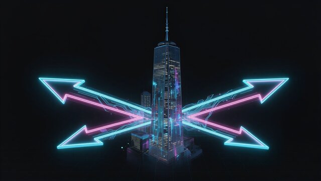 Futuristic skyscraper surrounded by glowing neon arrows symbolizing global connectivity and digital flow.