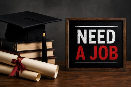 Need a job message on blackboard with graduation cap, academic books and diploma certificates, employment and career search concept