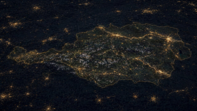 Aerial night map of Austria highlighting Vienna, connected settlements, transportation routes and the prominent Alpine region.