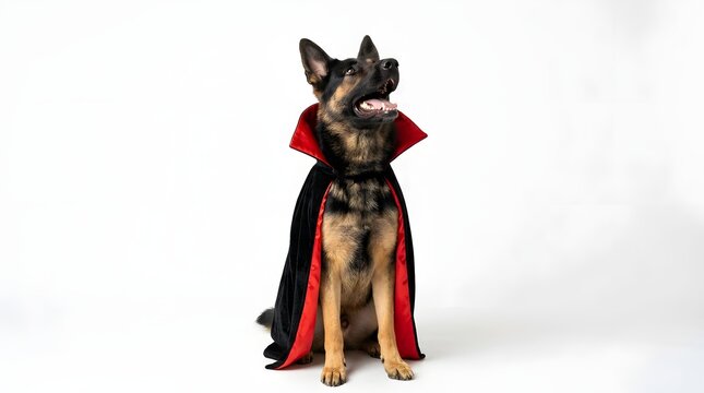 German shepherd dog wearing a vampire cape isolated on white background