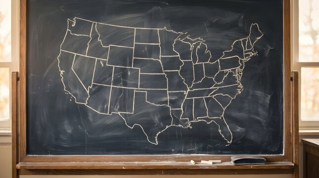 Hand drawn outline map of the United States as a chalk drawing on a large classroom blackboard