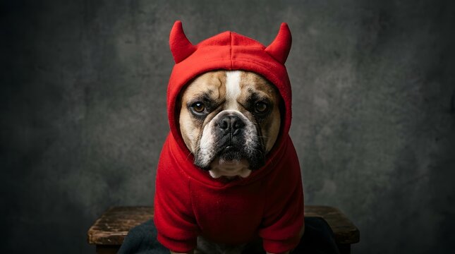 French bulldog wearing a red devil costume with horns