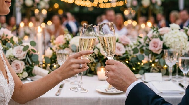Woman and man toasting with champagne glasses at a wedding reception. Newlywed couple celebrating marriage with drinks at event dinner. Romance, love and celebration concept. Elegant party atmosphere
