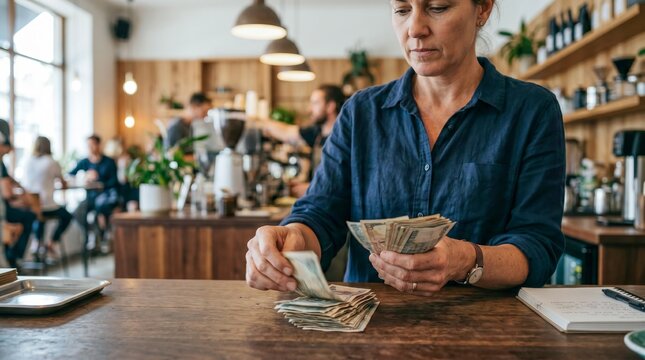 Woman small business owner counting cash pile at cafe counter. Entrepreneur managing daily earnings and finances in local coffee shop. Concept of financial success, profit and retail store management