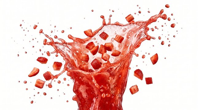 Dynamic splash of strawberry juice with fresh fruit pieces exploding in mid-air on white background. concept of refreshing beverage, energy burst, fresh fruit.