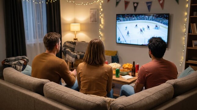 Group of friends enjoying a sports game on tv at home with cozy decorations and snack setup for a fun gathering atmosphere