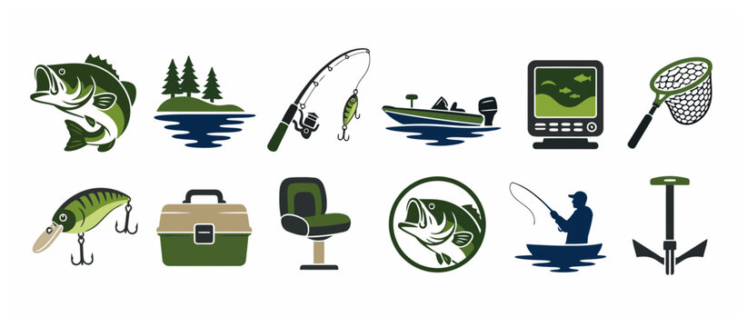 Collection of fishing icons and symbols for outdoor activities.