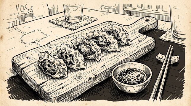 Vintage Illustration Dumplings with Chopsticks and Sauce Bowl