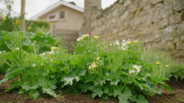 Low angle cottage garden scene with dense green foliage and white yellow primula blossoms beside weathered stone wall, soft overcast light and shallow depth creating calm pastoral mood