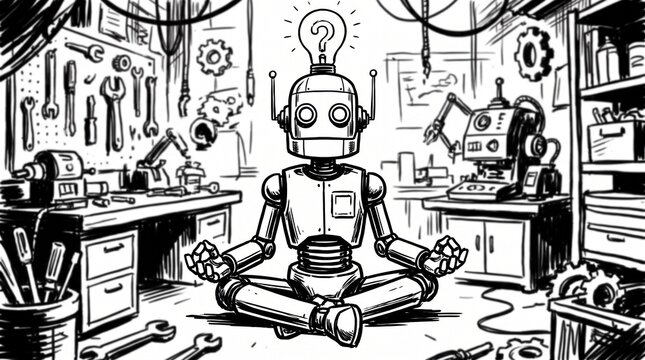 Robot Meditating in High Tech Workshop Environment
