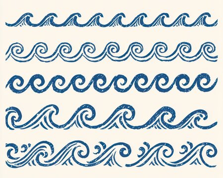 Set of handdrawn blue sea waves, ocean water ripples, vector illustration isolated on white background
