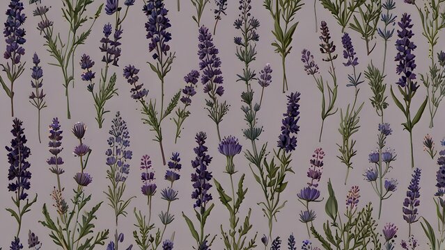Elegant seamless botanical pattern featuring various types of lavender flowers and wild herbs, hand-drawn illustration with purple blooms