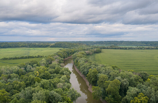 Lamine River at Roberts Bluff access, summer aerial view of rural MIssouri with corn fields
