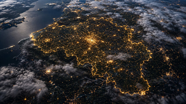 Nighttime satellite-style map of Belgium showing a luminous border, urban concentration and regional connectivity.