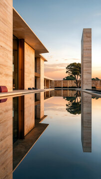 Modern travertine building with reflection pool at sunset