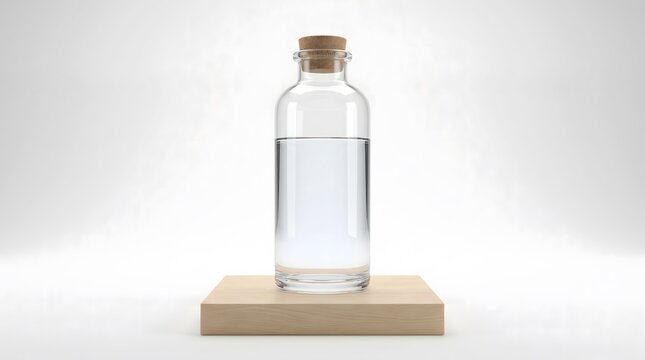 Clear glass water bottle mockup standing on wooden block podium