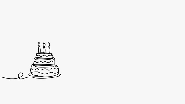 Continuous One Line Drawing Animation Of Birthday Cake Balloons Blower And Gift Box Celebration Concept
