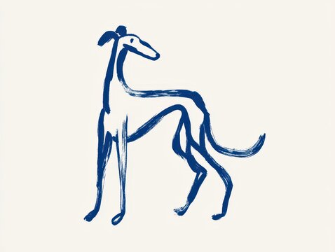 Minimalist handdrawn illustration of a single greyhound dog in blue ink on a white background