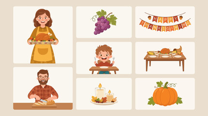 Naklejka premium Thanksgiving icon set collection with family cooking turkey, grapes, candles, pumpkin, dinner table and holiday banner