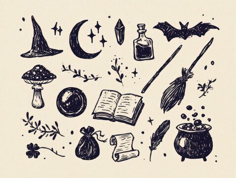 Set of handdrawn witch and magic themed elements