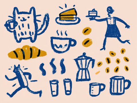 Set of cute handdrawn coffee shop illustrations with cats, croissants, coffee beans, and a waitress