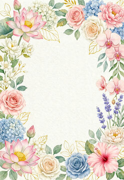 Elegant Watercolor Floral Frame With Lotus Rose Orchid Leaves Copy Space,